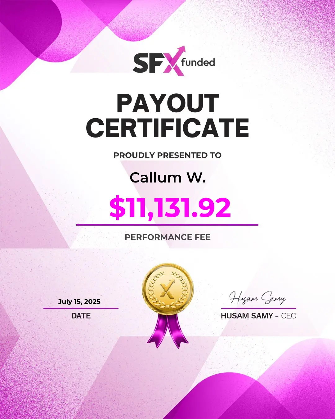 SFX Funded verified payment certificate showing trader earnings of $11,131.92